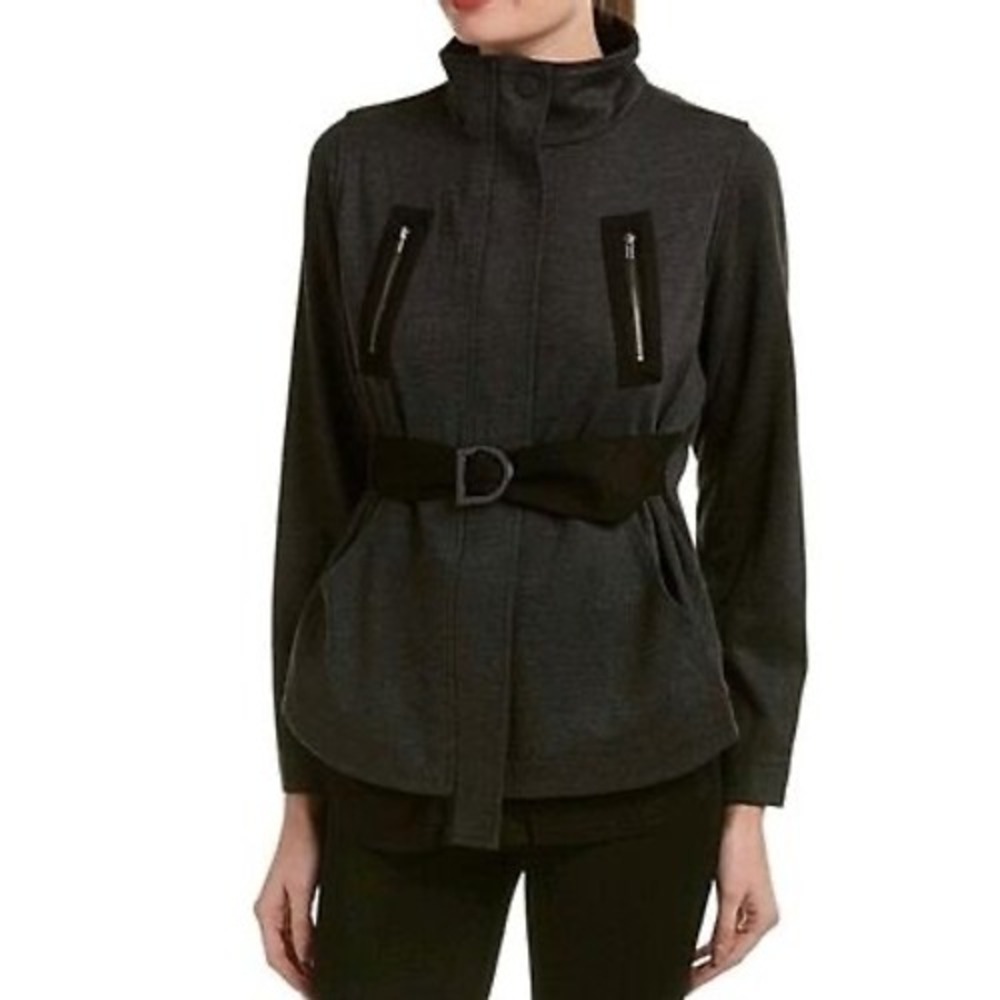 CAbi Love Carol Jacket Gray Belted Black Mesh Back Layered Size L Gorpcore Edgy